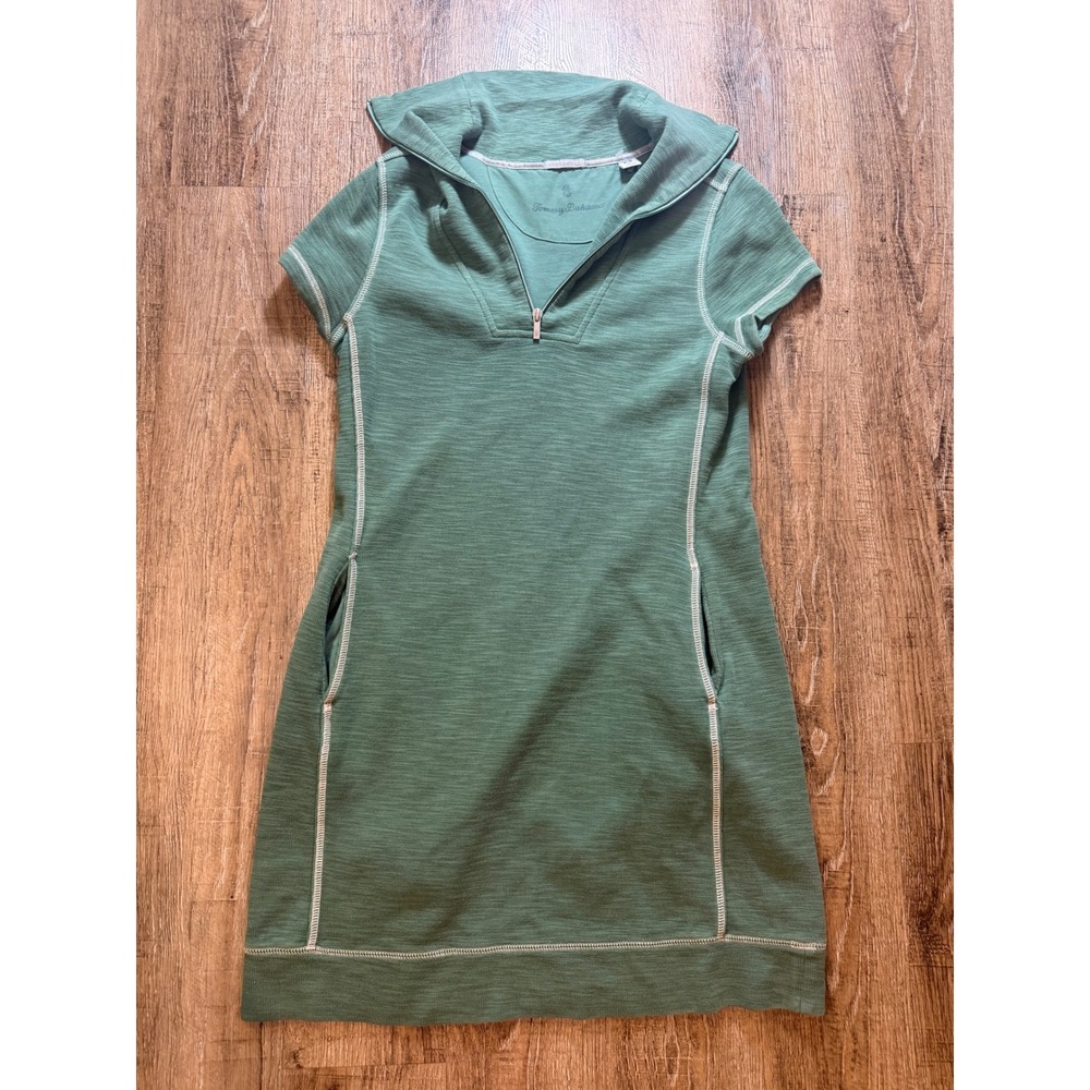 Tommy Bahama Green Quarter Zip Short Sleeve Slub Knit Pocket Dress Size M